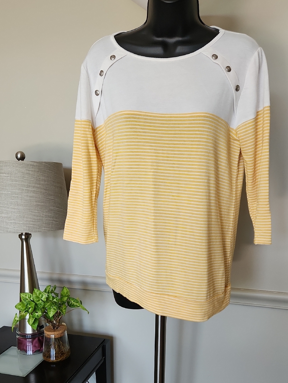 Pink Clover Yellow & White Striped Boatneck Top with Button Accents